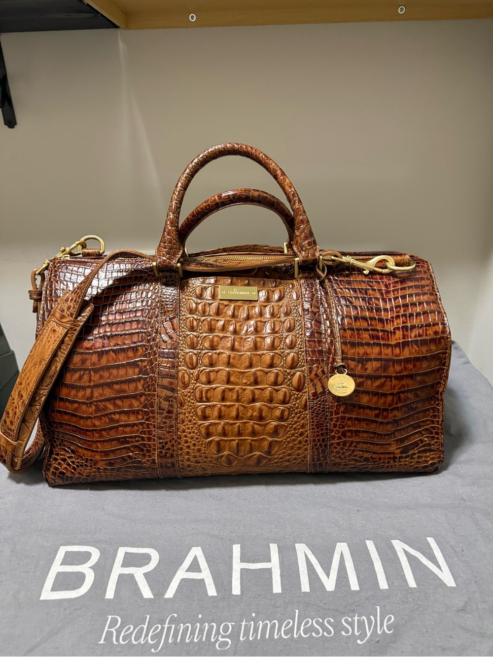 Brahmin Cognac Croc-Embossed Leather Duffel Weekender Bag
